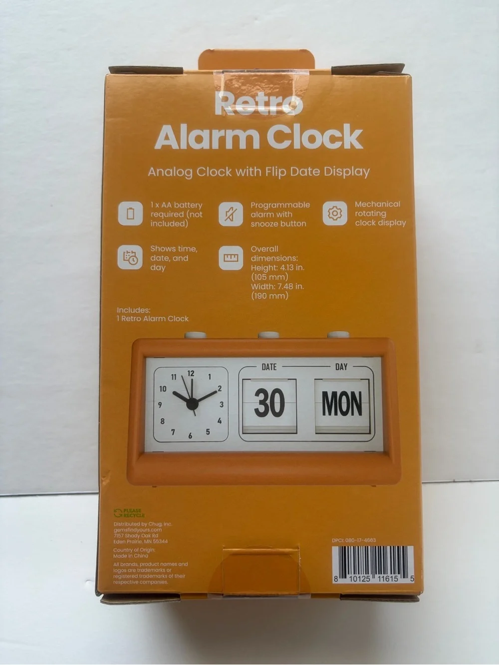 Gems Retro Alarm Clock Flip Date Day Analog Orange Desk Clock Brand New Sealed
